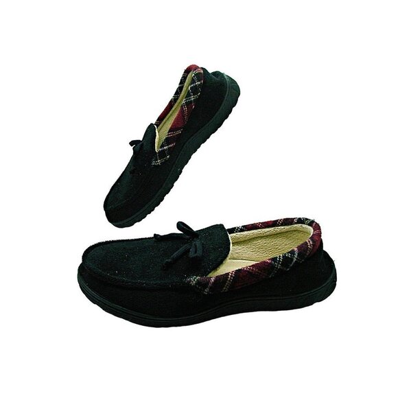 Mens Slippers Black With Plaid Trim Fleece Lined Hard Bottom Sz Large Unbranded - Picture 2 of 12